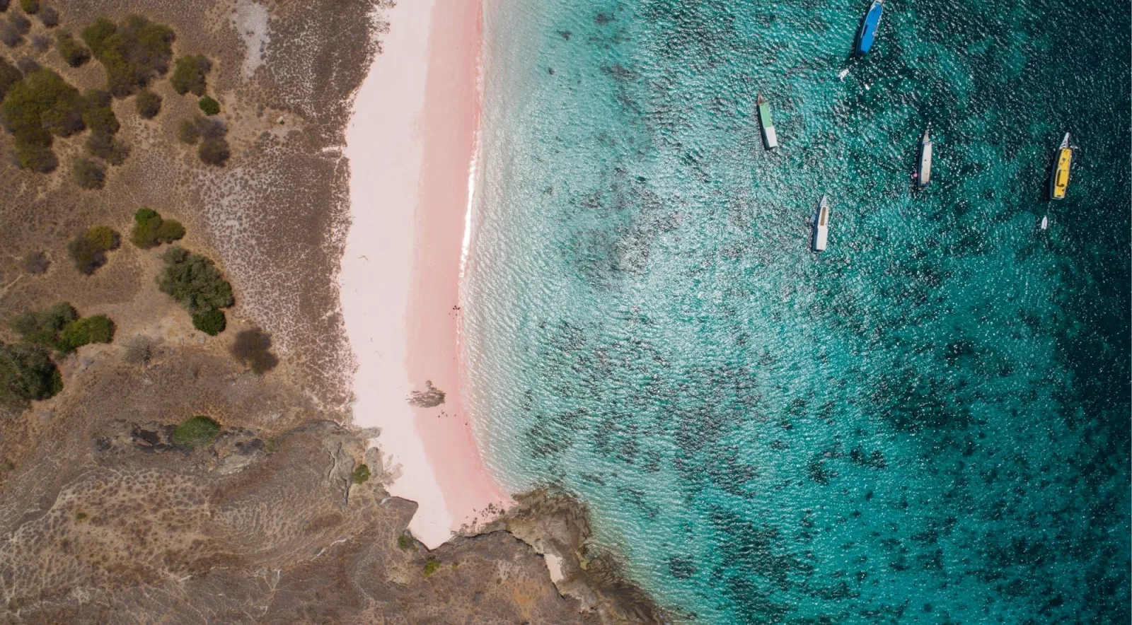 Aerial view of a pink sand shoreline meeting shallow turquoise reef, with small boats moored offshore