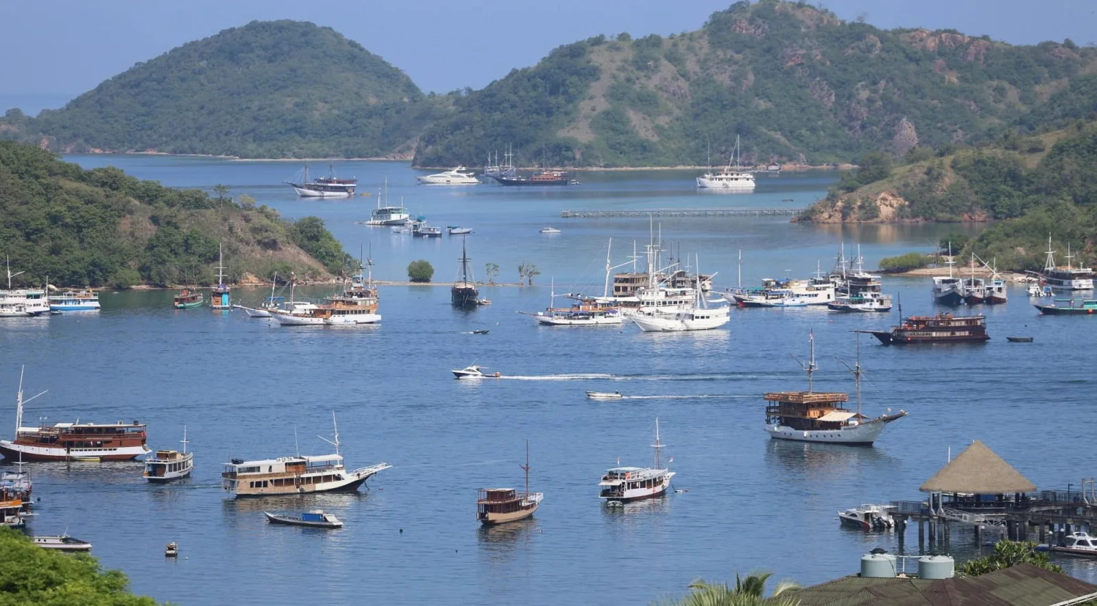 Dozens of wooden boats and liveaboards moored in the sheltered harbour at Labuan Bajo