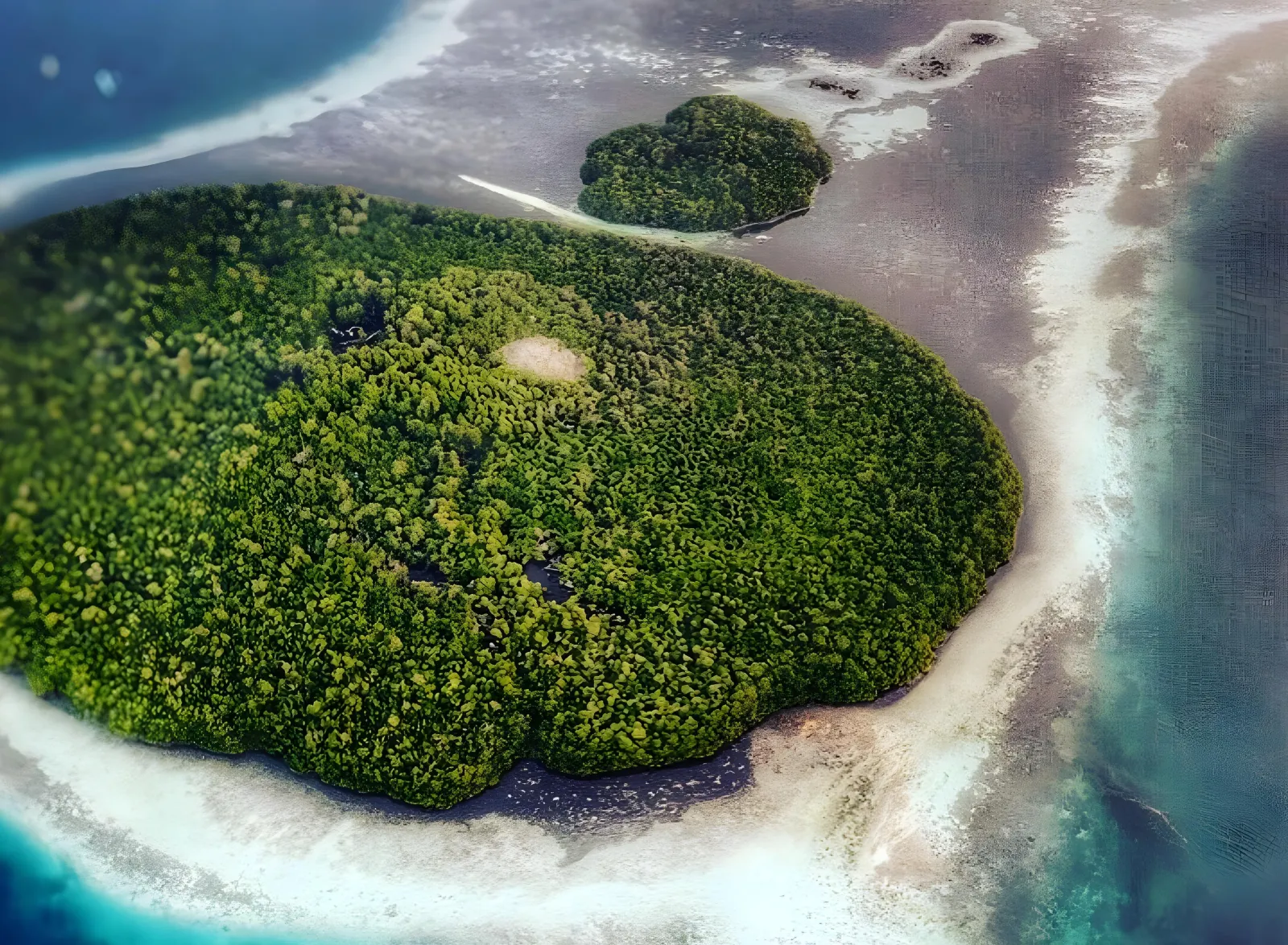 Aerial view of the mangrove island the flying-fox colony roosts on