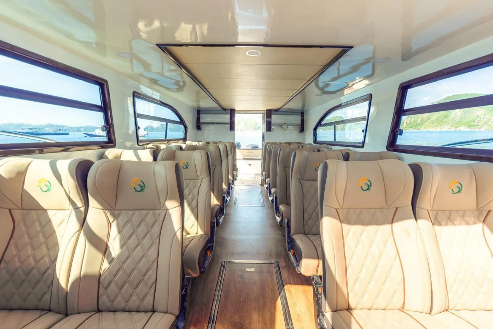 Air-conditioned passenger cabin with rows of upholstered seats